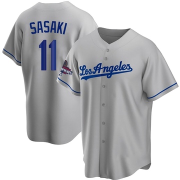 Roki Sasaki Men's Replica Los Angeles Dodgers Gray Road 2024 World Series Champions Jersey